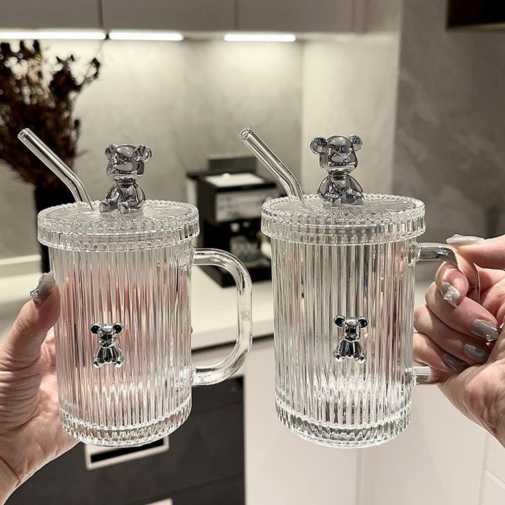 Cốc thủy tinh chịu nhiệt cho gia đình, cốc cà phê có nắp hình gấu Bearbrick kèm ống hút