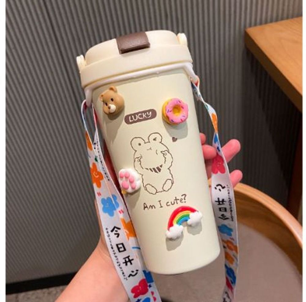 Bình Nước Giữ Nhiệt Lõi Inox 500ML Tặng Sticker Dán Kèm Dây Đeo Khóa An Toàn Tiện Lợi, Bình Nước Cute Giữ Nhiệt Đi Học