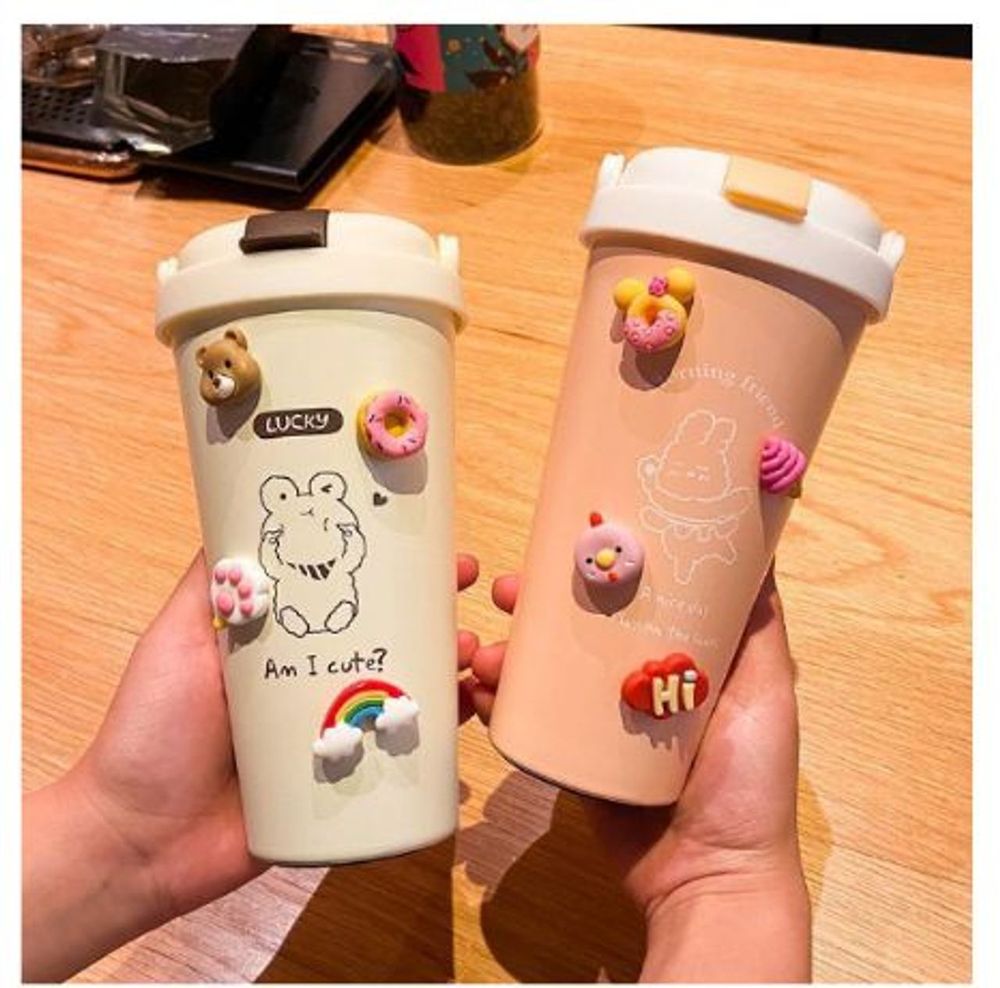 Bình Nước Giữ Nhiệt Lõi Inox 500ML Tặng Sticker Dán Kèm Dây Đeo Khóa An Toàn Tiện Lợi, Bình Nước Cute Giữ Nhiệt Đi Học