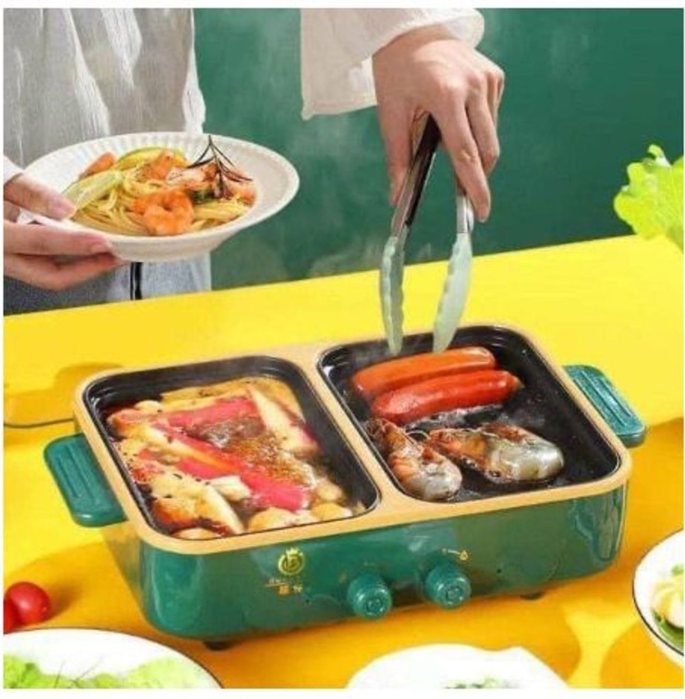 Bếp lẩu nướng điện 2 ngăn đa năng mini 2in1 chống dính có núm xoay điều chỉnh nhiệt độ