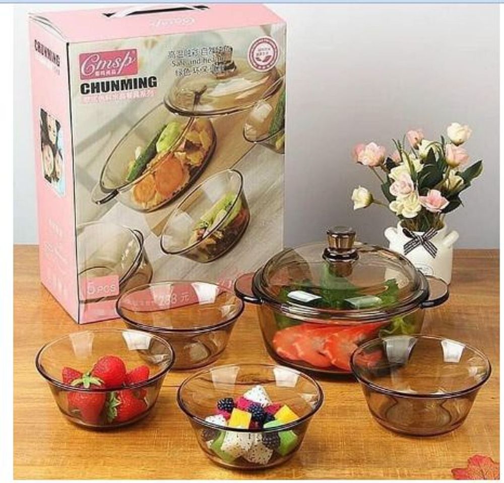 [ Kèm vỏ hộp đẹp ] COMBO BỘ 5 MÓN NỒI & 4 BÁT THUỶ TINH CHỊU NHIỆT- NỒI THUỶ TINH