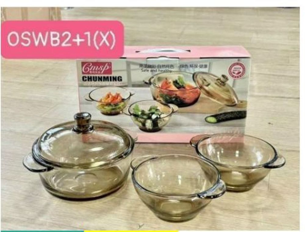[ Kèm vỏ hộp đẹp ] COMBO BỘ 3 MÓN THUỶ TINH CHỊU NHIỆT- NỒI THUỶ TINH