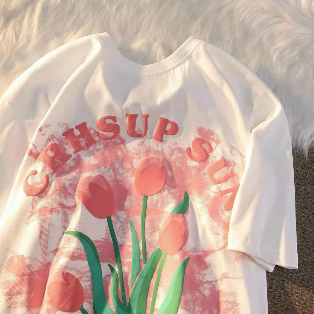 Áo Thun Tay Lỡ Dáng Rộng In Hình Hoa Tulip Kiểu Hàn Quốc Thời Trang Mùa Hè Cho Nữ
