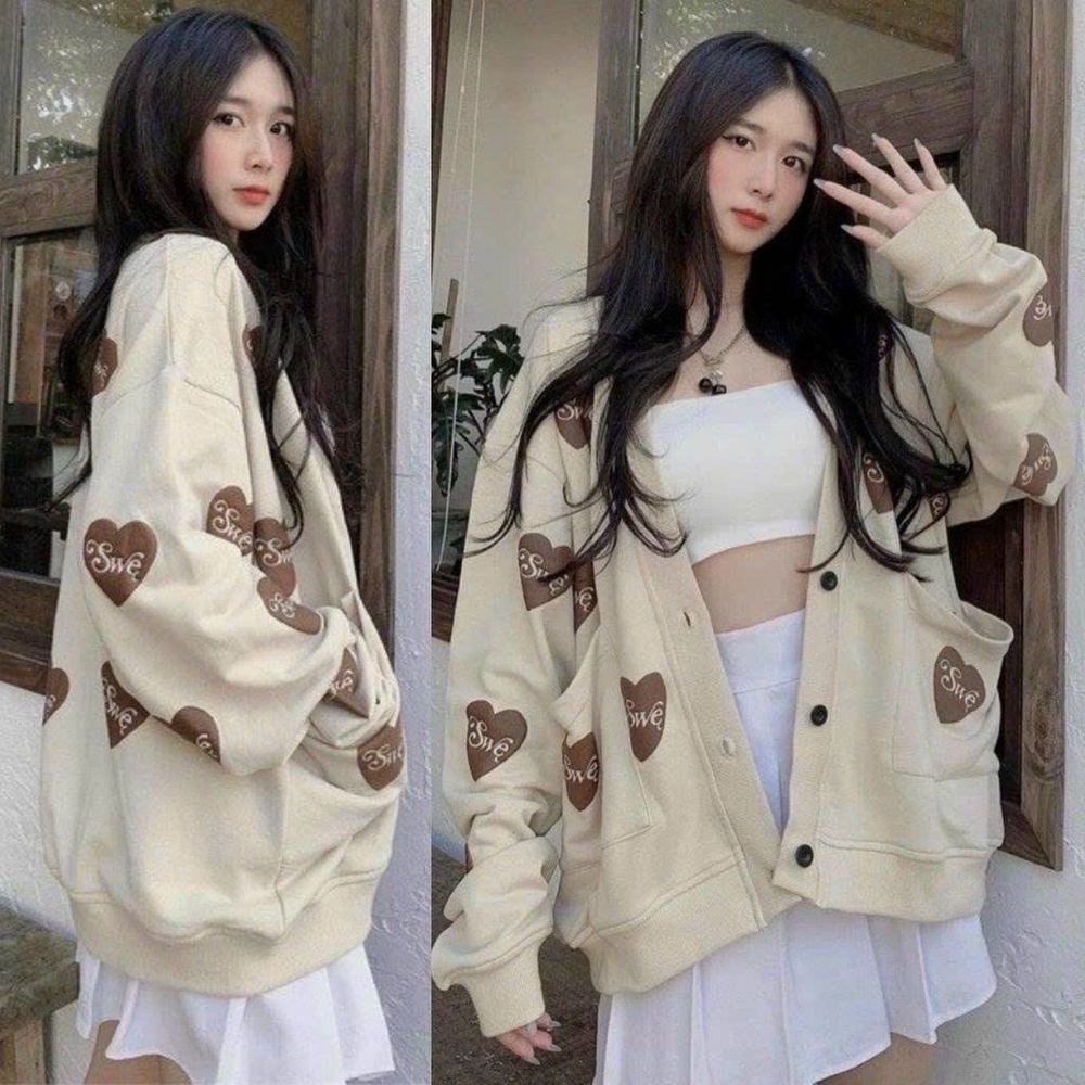 Áo Khoác Cardigan Trái Tim Swe Nữ Nude Form Rộng cánh dơi.