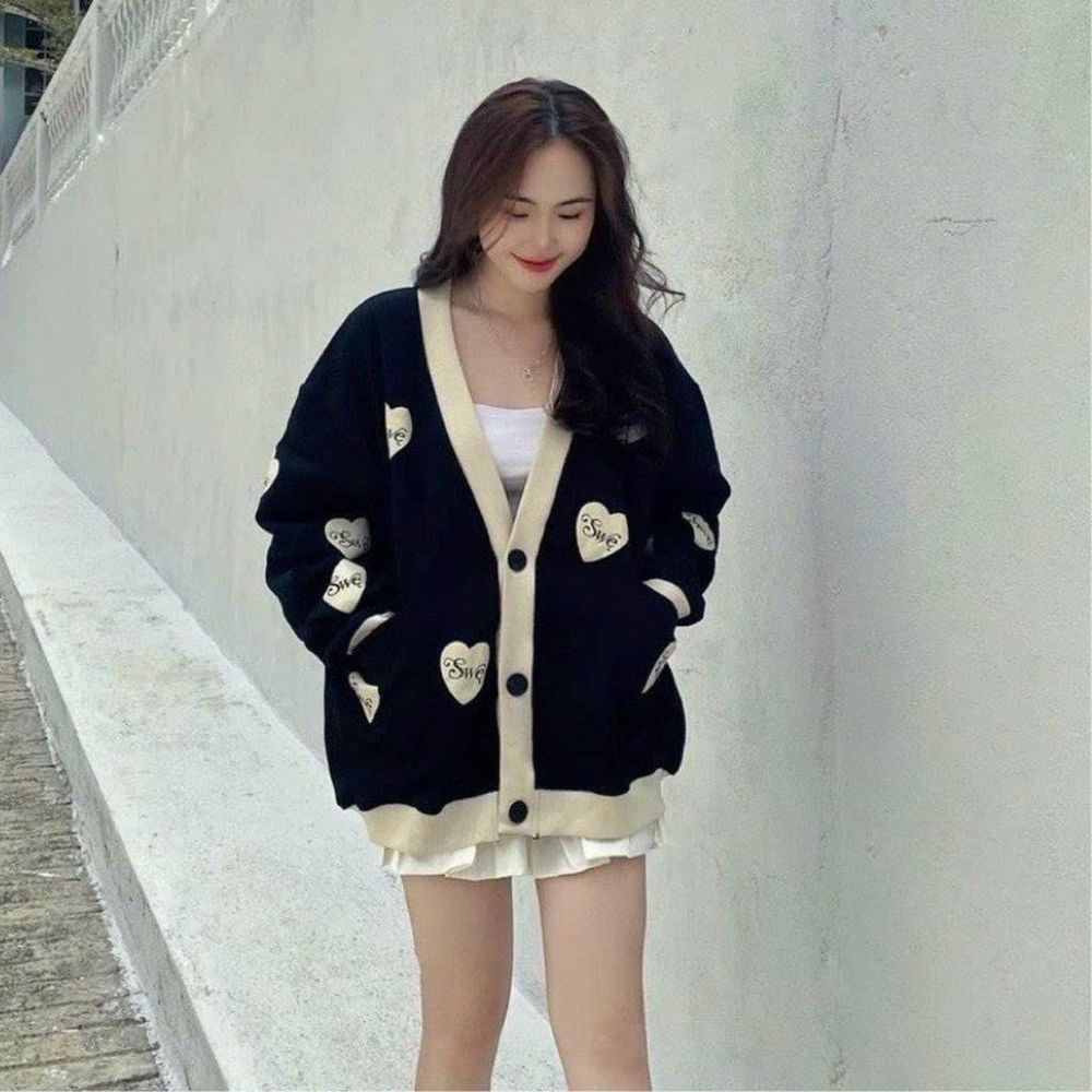 Áo Khoác Cardigan Trái Tim Swe Nữ Nude Form Rộng cánh dơi.