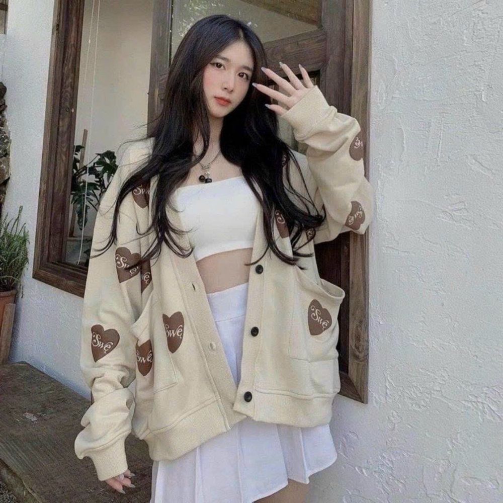 Áo Khoác Cardigan Trái Tim Swe Nữ Nude Form Rộng cánh dơi.