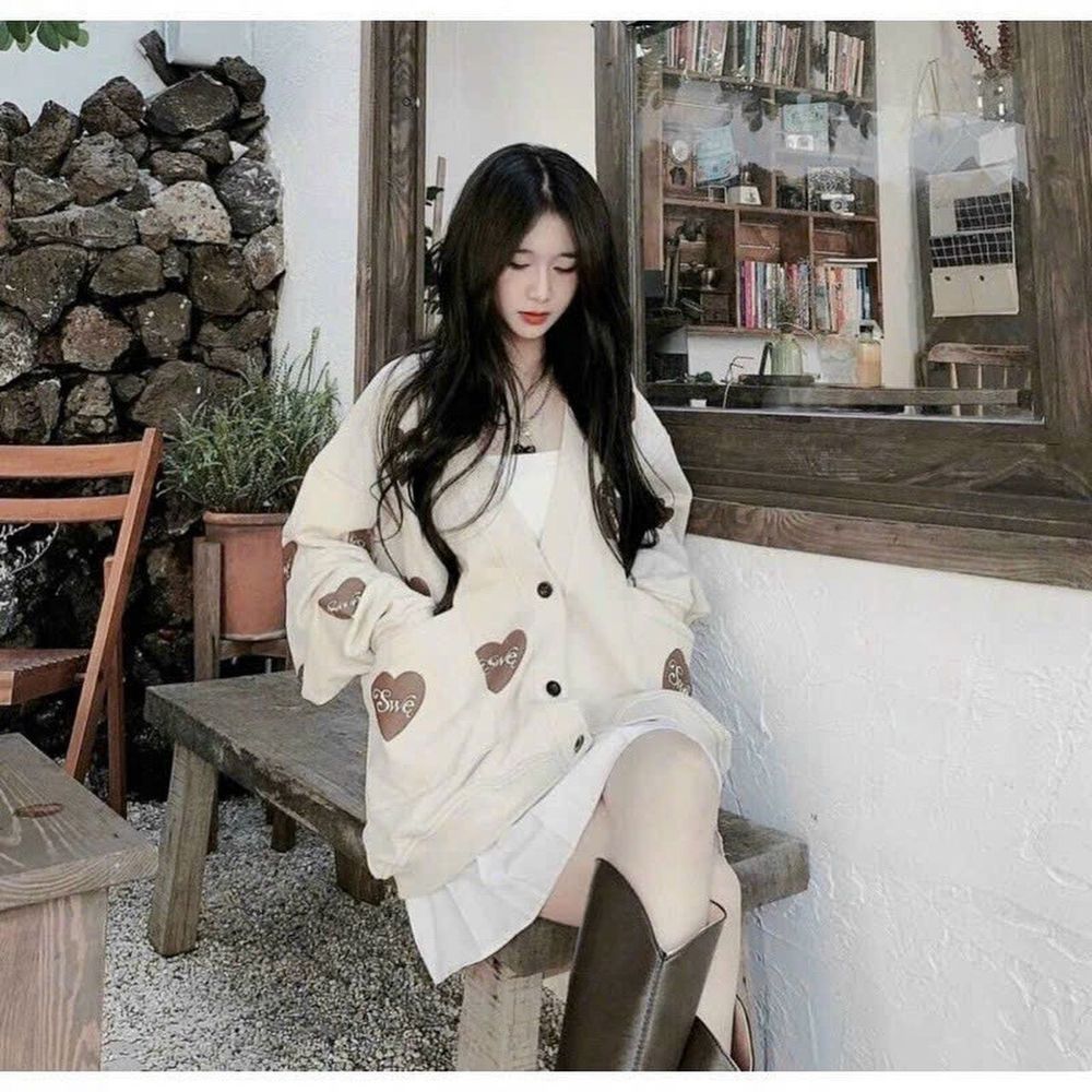 Áo Khoác Cardigan Trái Tim Swe Nữ Nude Form Rộng cánh dơi.