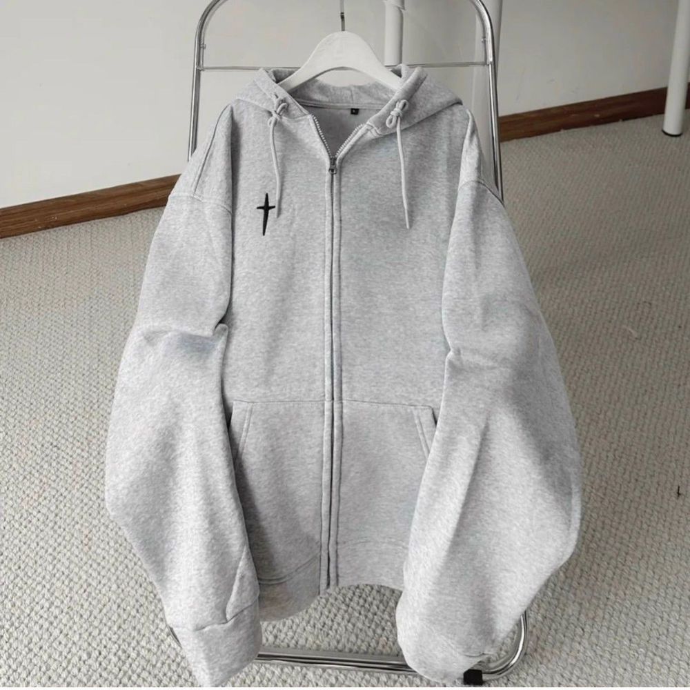 Áo khoác zip chữ thập nỉ lót bông hình thêu 2 mặt form rộng unisex nam nữ