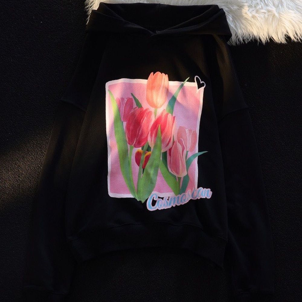 ￼ Áo Hoodie In Họa tiết hoa tulip Phong Cách Hàn Quốc .