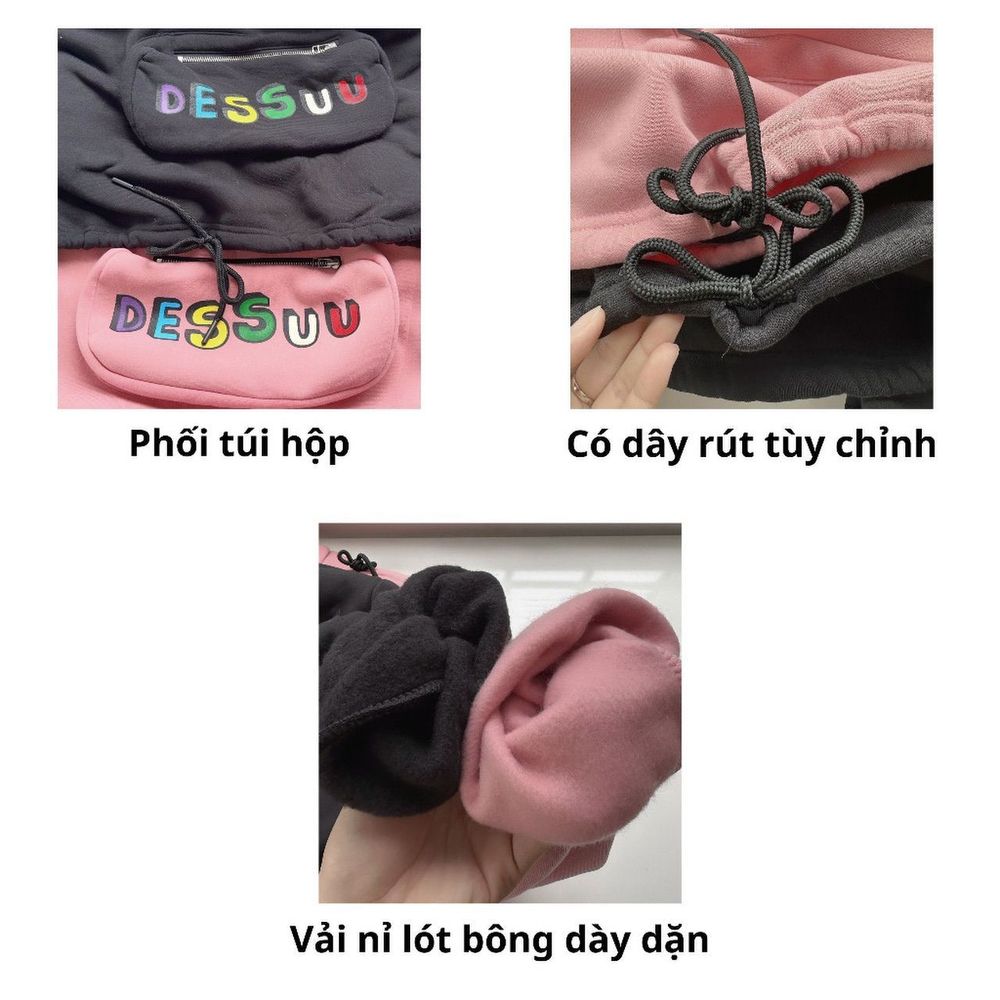 Áo hoodie in Dessuu có túi bao tử phối dây rút form rộng unisex nam nữ.