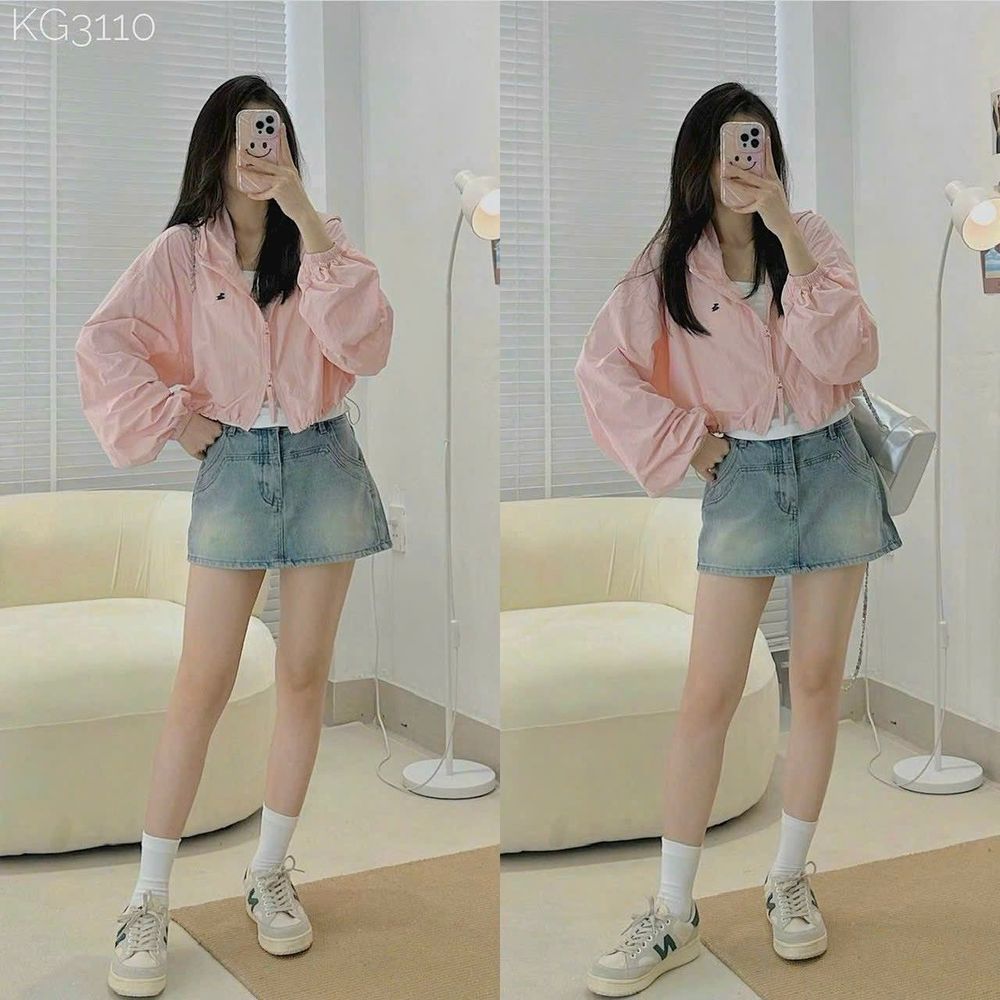 Áo khoác dáng lửng chất dù nhăn trượt nước logo thêu, chống nắng siêu mát , khóa zip