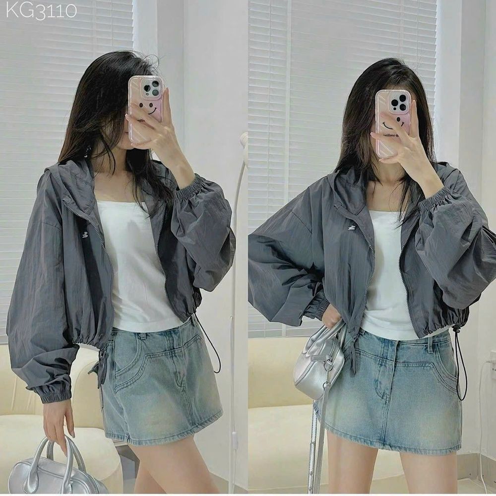 Áo khoác dáng lửng chất dù nhăn trượt nước logo thêu, chống nắng siêu mát , khóa zip