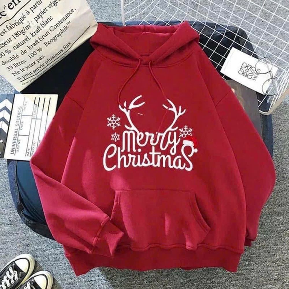 Áo hoodie đỏ Noel Unisex form rộng hoạ tiết merry christmas, chất nỉ bông mềm mịn mát.