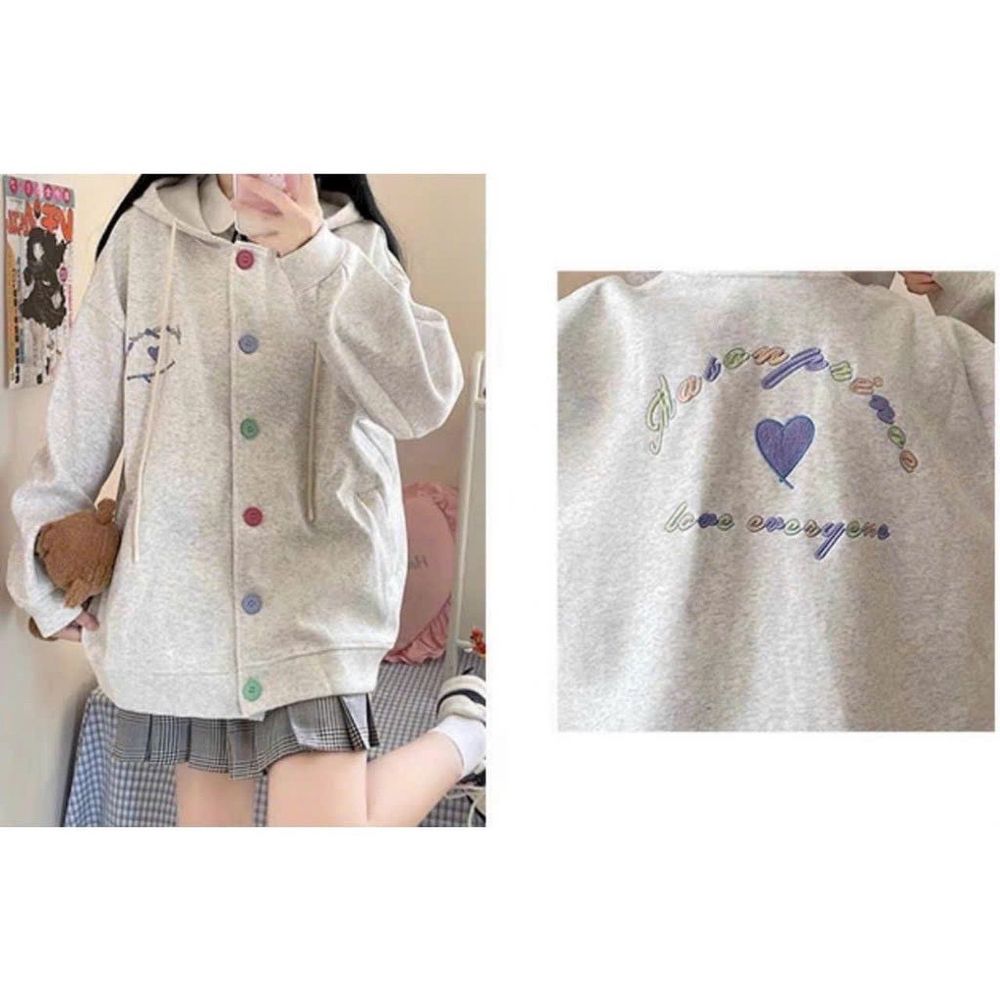 Áo khoác cadigan nỉ nút thêu hình trái tim nón rộng 2 lớp form rộng dưới 70kg