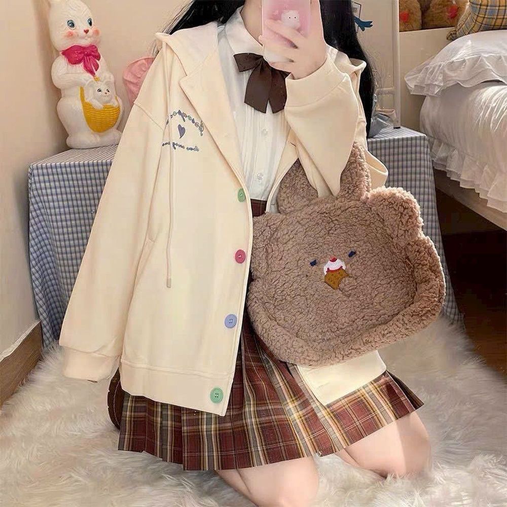 Áo khoác cadigan nỉ nút thêu hình trái tim nón rộng 2 lớp form rộng dưới 70kg