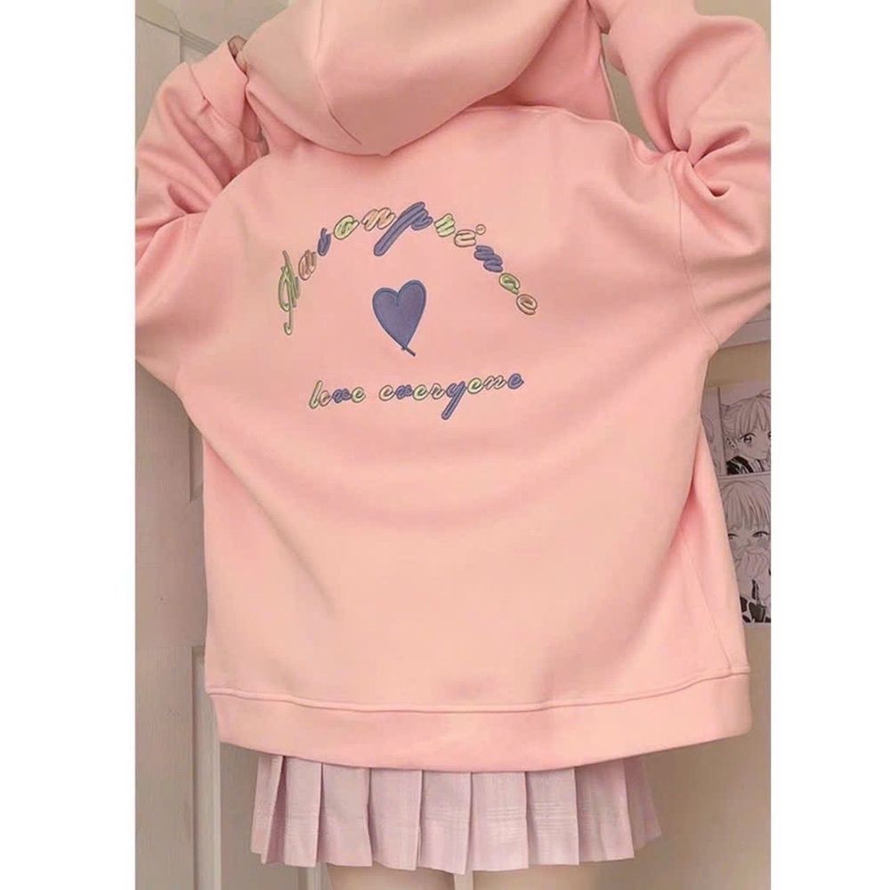 Áo khoác cadigan nỉ nút thêu hình trái tim nón rộng 2 lớp form rộng dưới 70kg