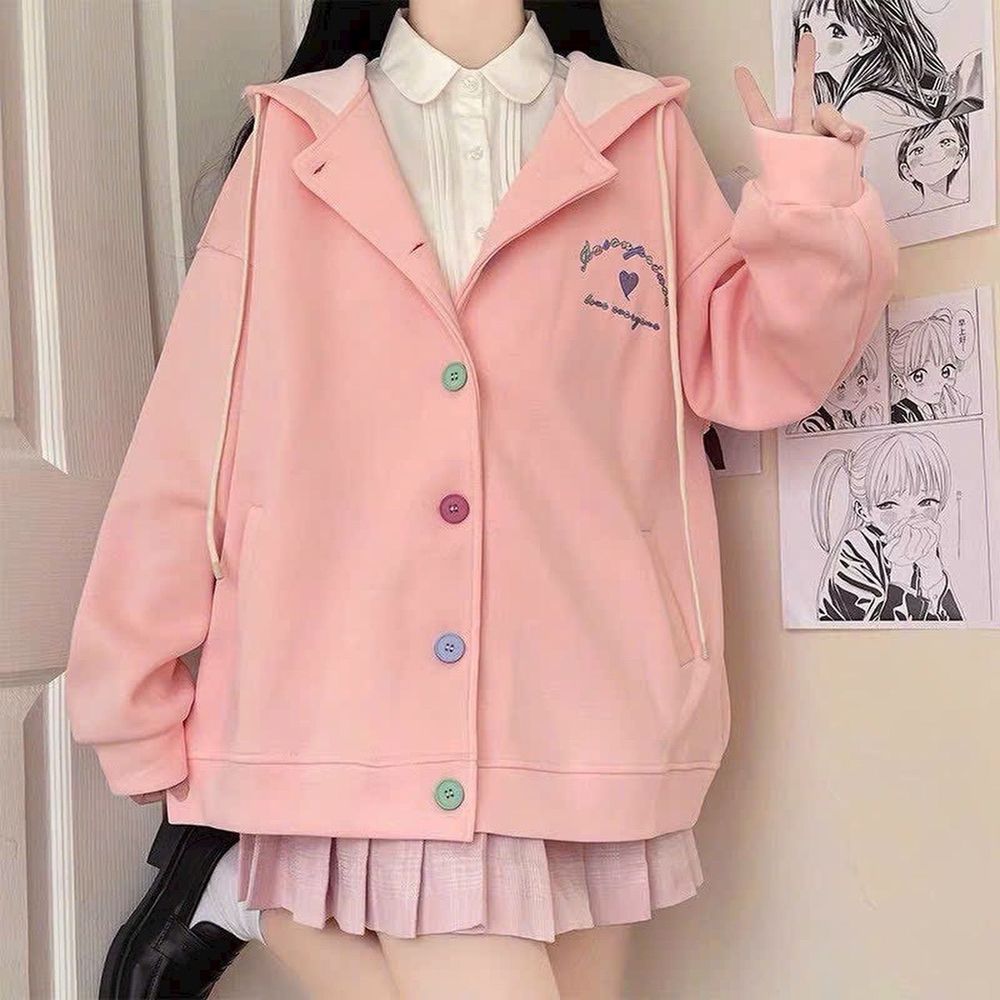 Áo khoác cadigan nỉ nút thêu hình trái tim nón rộng 2 lớp form rộng dưới 70kg