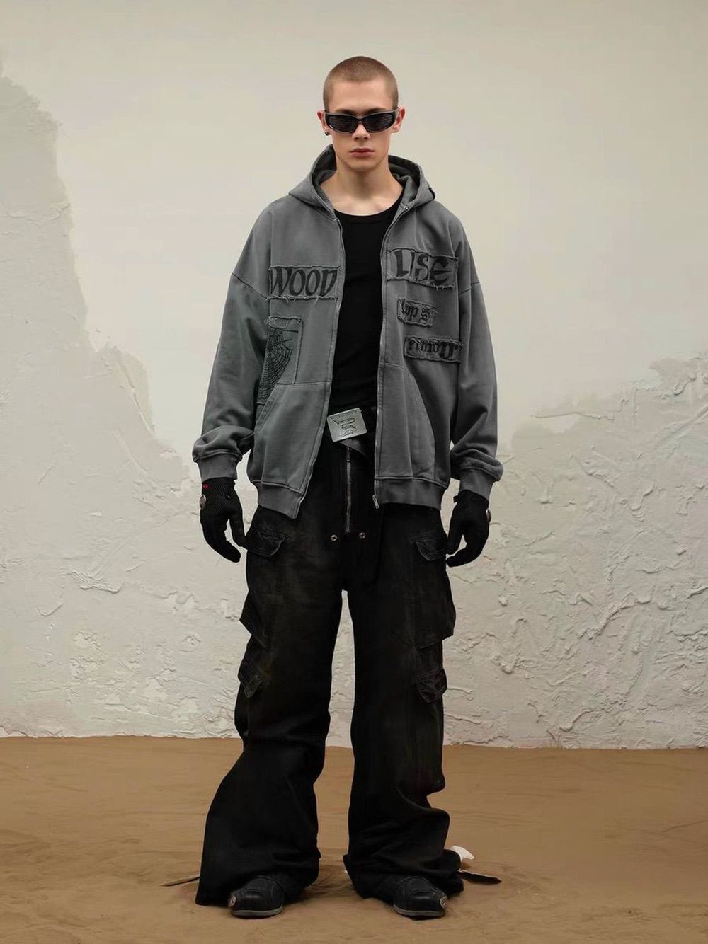 Áo khoác WOOD LISE phối rách chất thun nỉ mềm mịn nón 2 lớp có khoen dây kéo sắt form rộng dưới 75kg