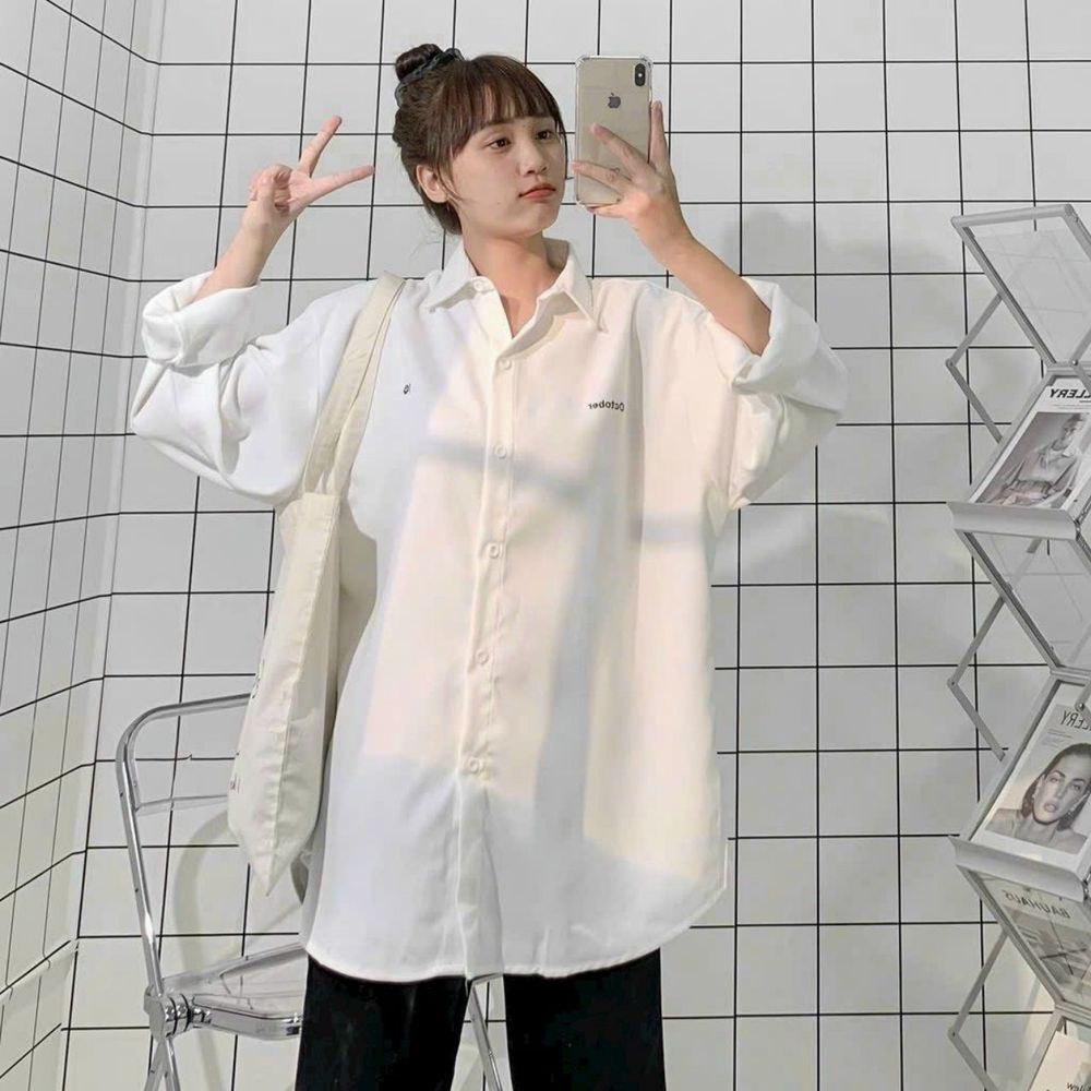 Áo sơ mi mi da lộn tay dài thêu octerber