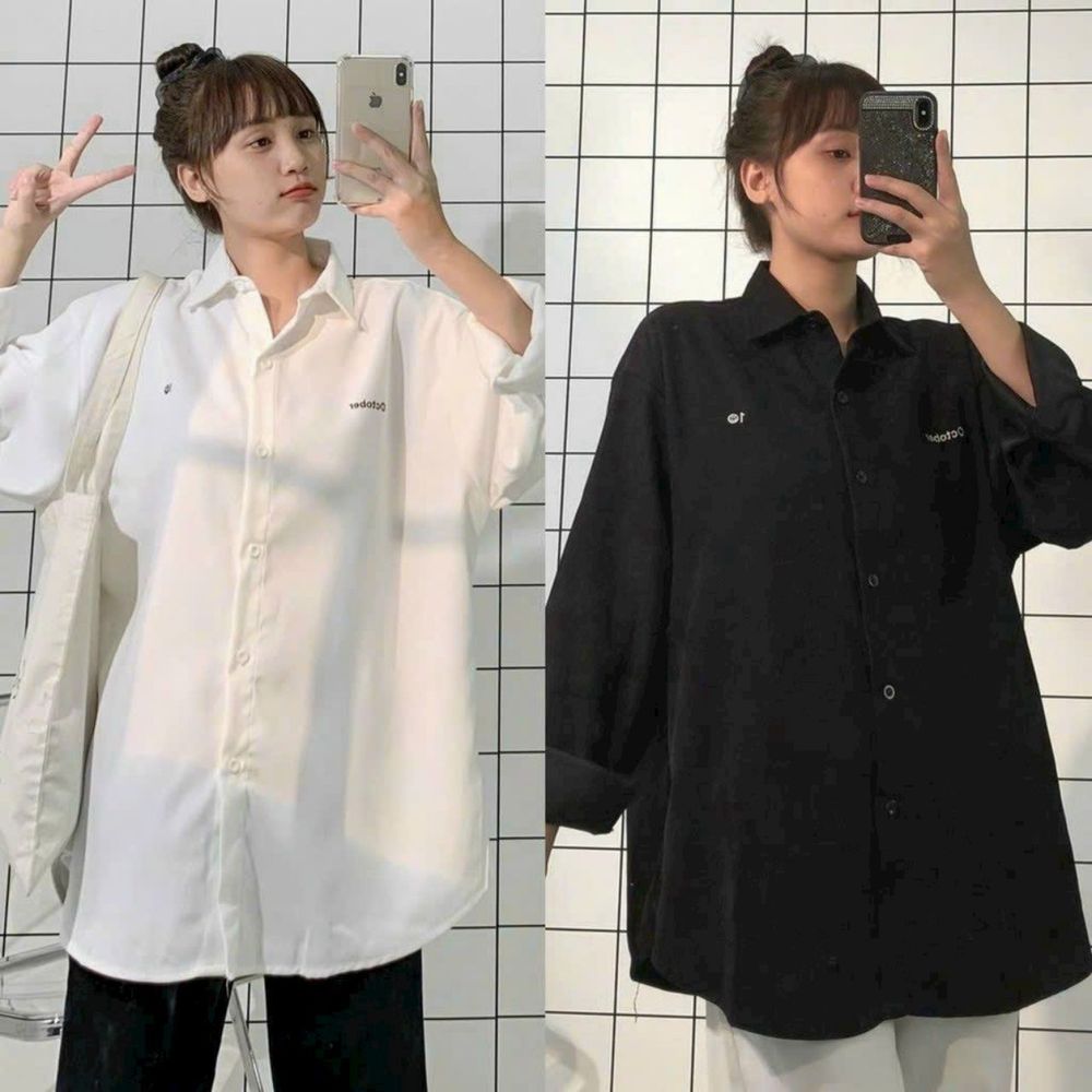 Áo sơ mi mi da lộn tay dài thêu octerber