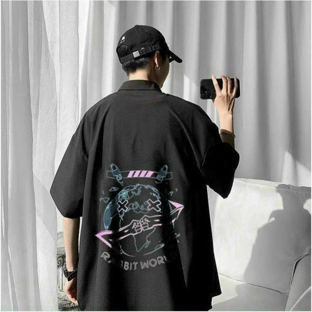 Áo sơ mi na. tay lỡ chất lụa mịn, logo in RABBIT WORD, hàng đẹp