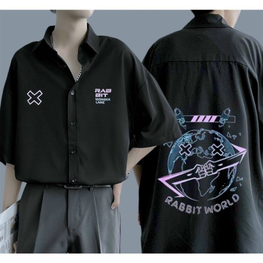 Áo sơ mi na. tay lỡ chất lụa mịn, logo in RABBIT WORD, hàng đẹp