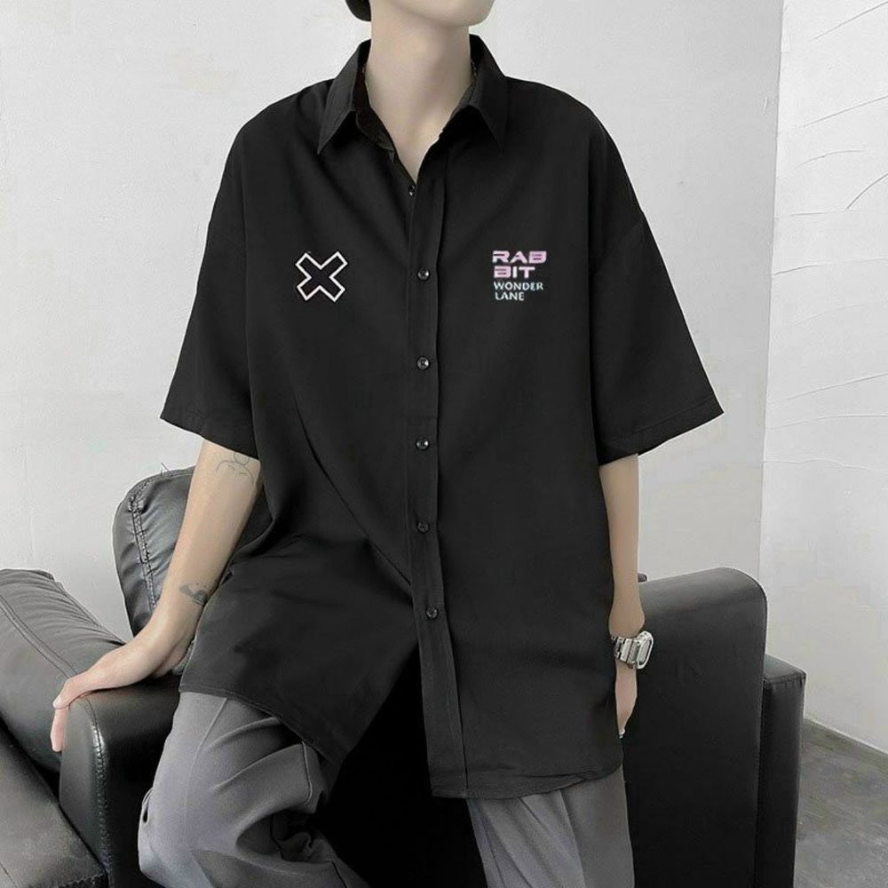 Áo sơ mi na. tay lỡ chất lụa mịn, logo in RABBIT WORD, hàng đẹp