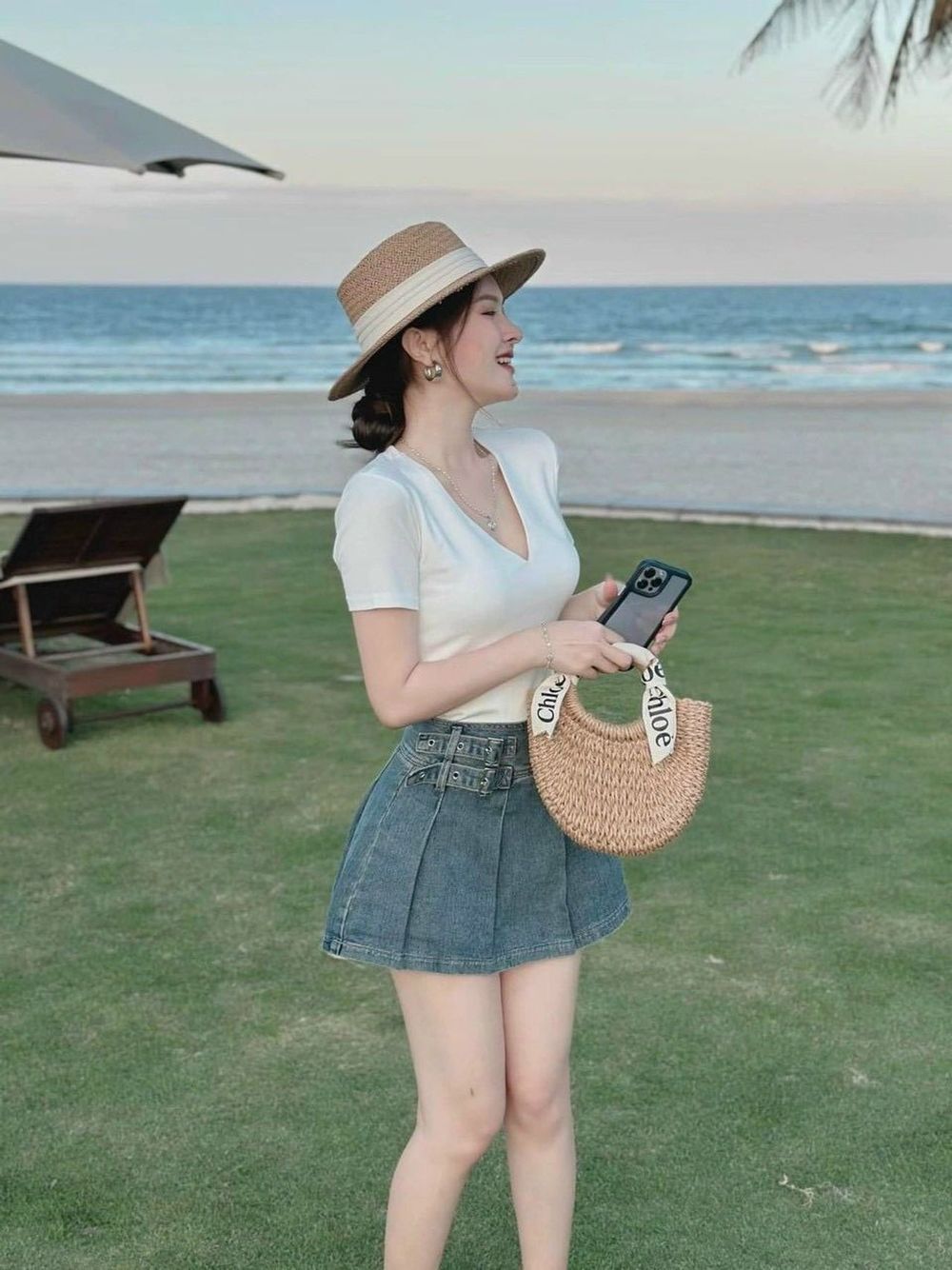 Sét 3 món áo thun gân tăm kèm váy jean,freesize dưới 55kg