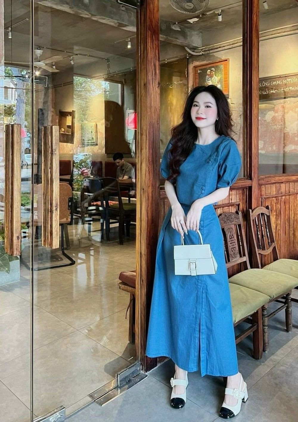 Sét 2 món áo Croptop tay phổng kèm chân váy dài chất jeans cứng sang chảnh