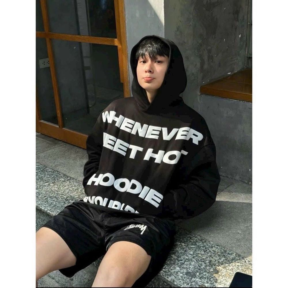 Áo hoodie in nổi WHENEVER nón 2 lớp cùng màu ,tay phòng