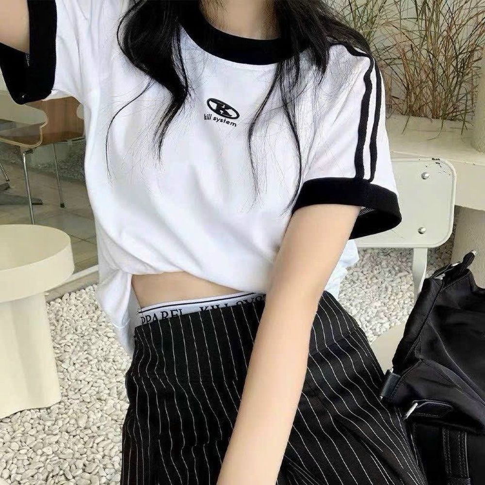 Áo thun baby tee chạy sọc tay, logo in B, chất cotton borip xịn, co giãn tốt