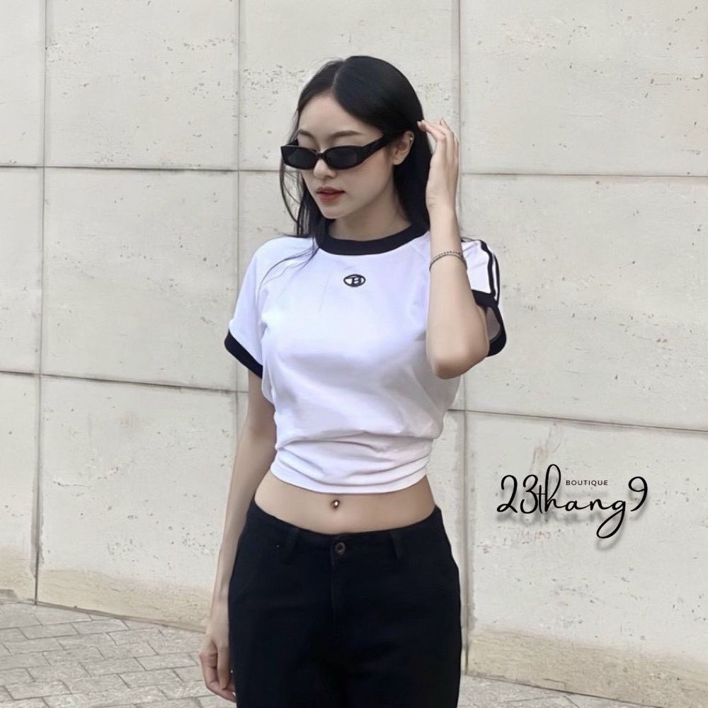 Áo thun baby tee chạy sọc tay, logo in B, chất cotton borip xịn, co giãn tốt