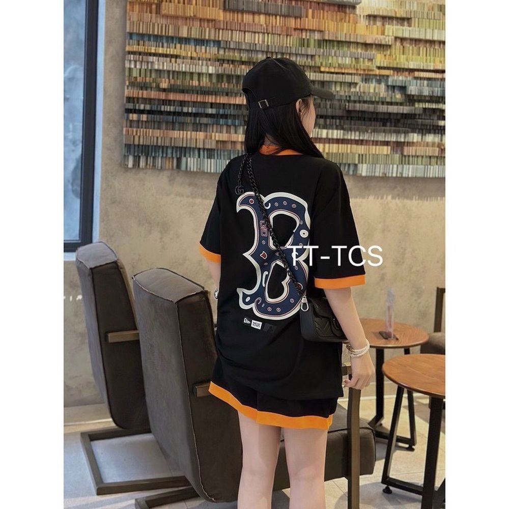 Set bộ áo tay lỡ kèm quần short in chữ B chất thun conton thấm hút mồ hôi freesize