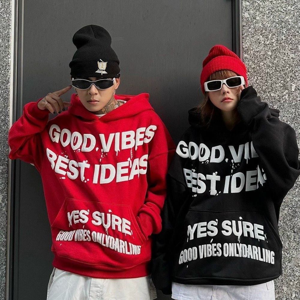 Áo hoodie UNISEX in nổi GOOD VIBES BEST IDEAS chất nỉ mịn mát, tay phồng, nón 2 lớp