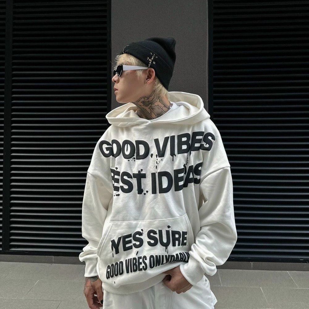 Áo hoodie UNISEX in nổi GOOD VIBES BEST IDEAS chất nỉ mịn mát, tay phồng, nón 2 lớp