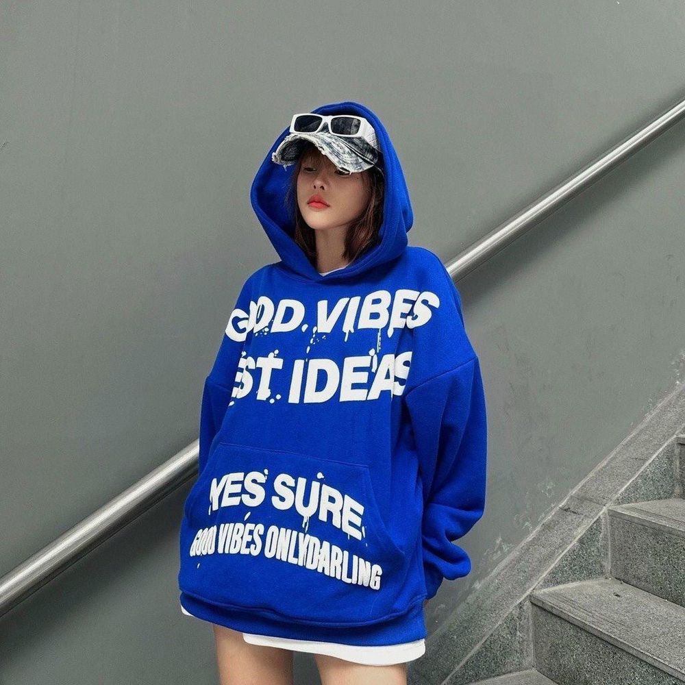 Áo hoodie UNISEX in nổi GOOD VIBES BEST IDEAS chất nỉ mịn mát, tay phồng, nón 2 lớp