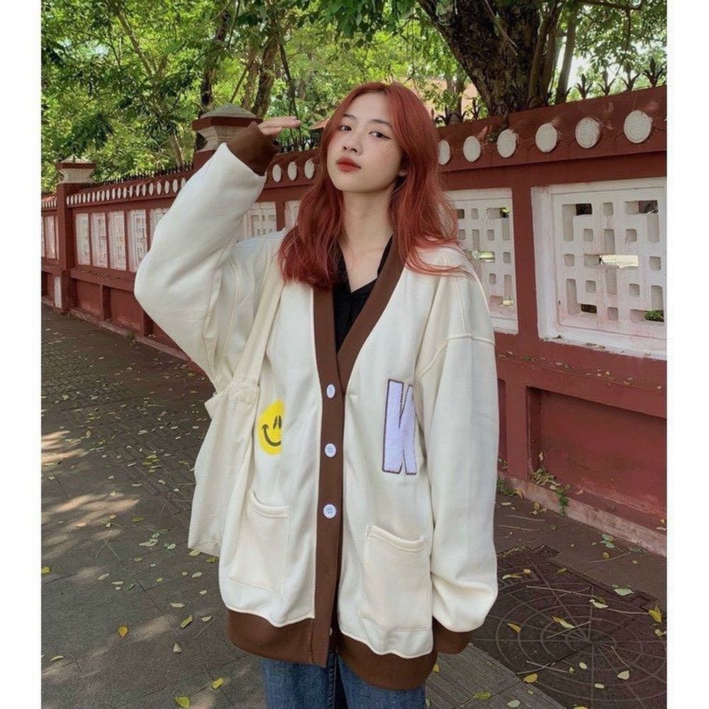 Áo khoác cardigan chất nỉ mịn mát phối viền in mặt cười W