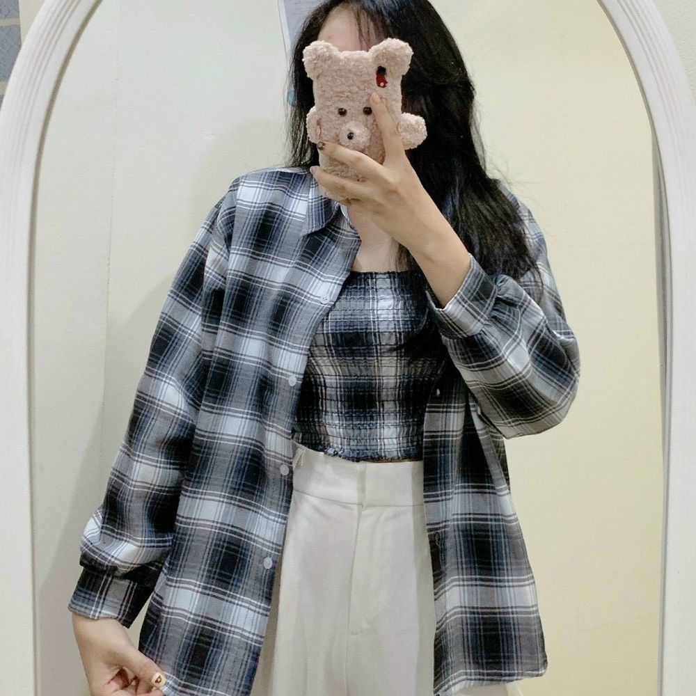 Set áo ống kèm áo sơ mi khoác ngoài sọc caro