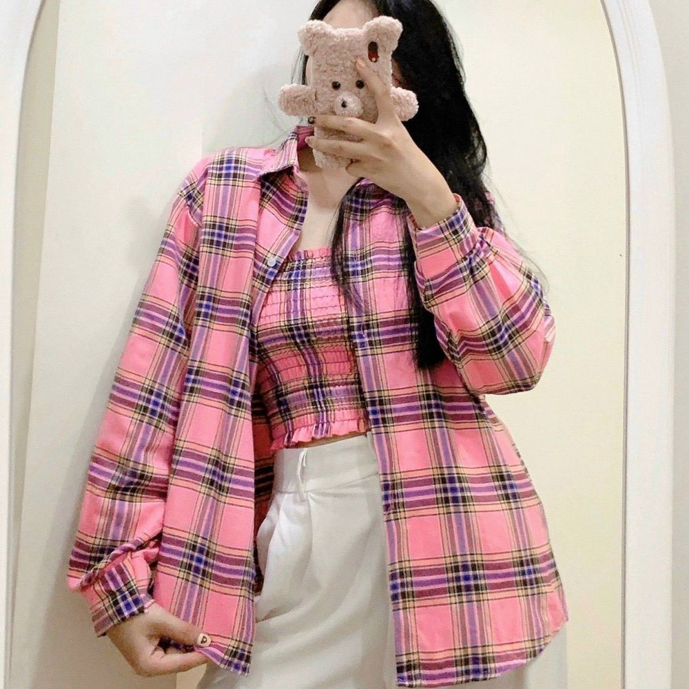 Set áo ống kèm áo sơ mi khoác ngoài sọc caro