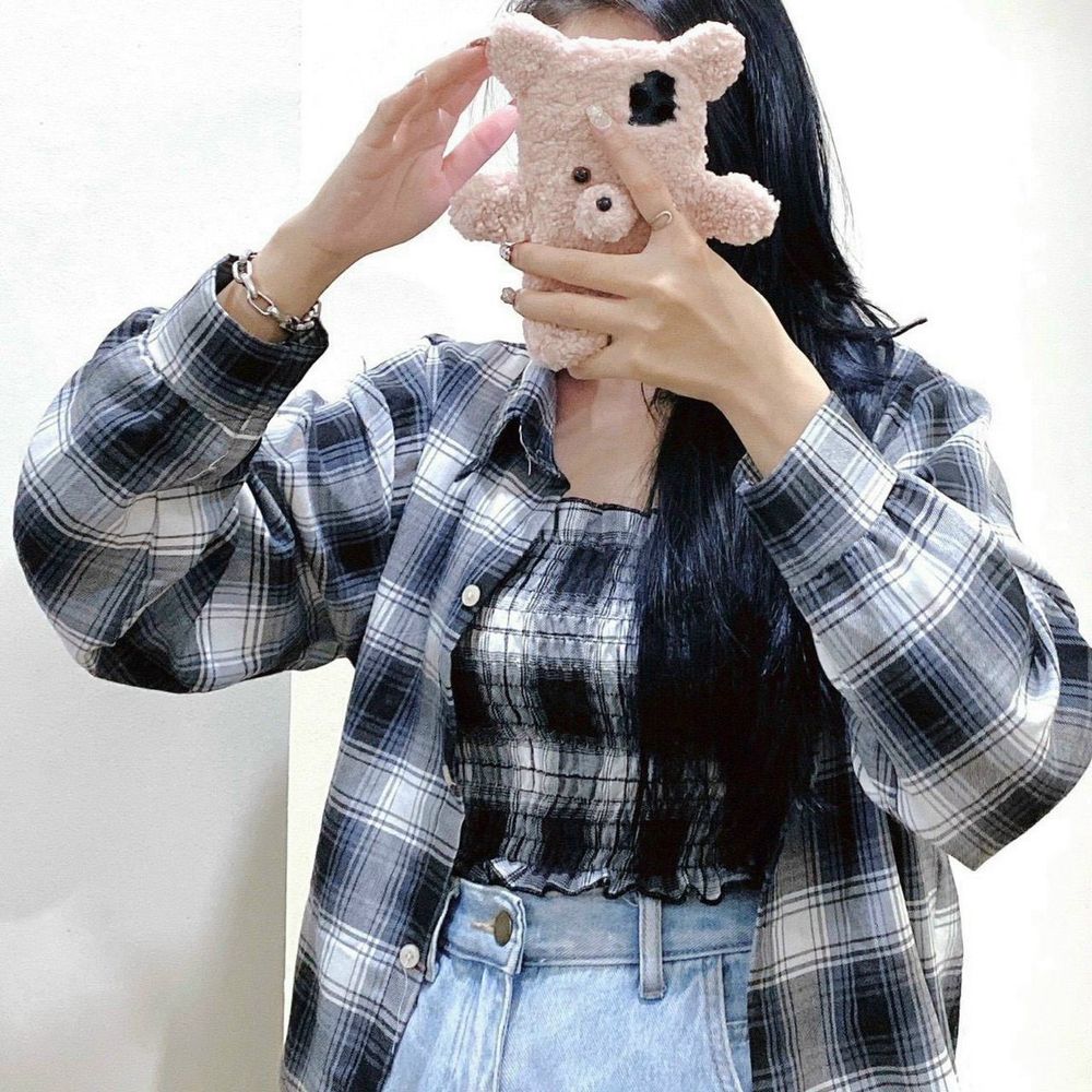 Set áo ống kèm áo sơ mi khoác ngoài sọc caro