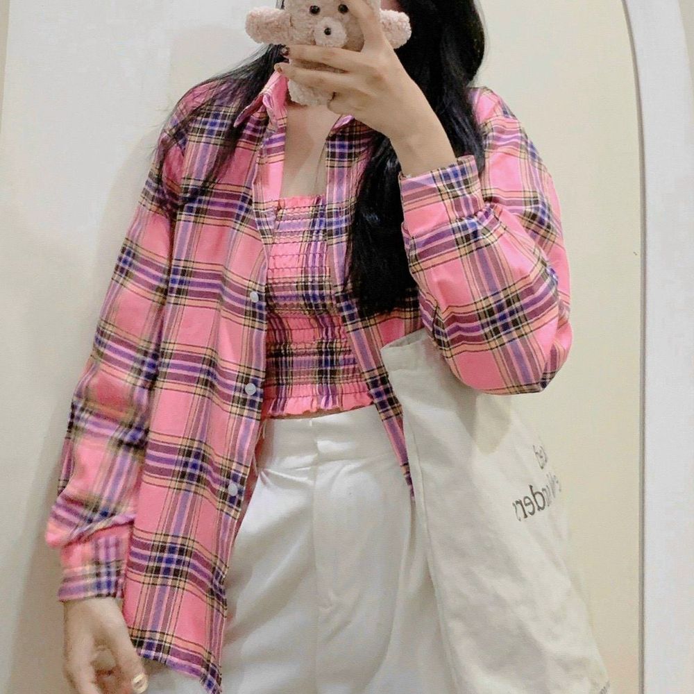 Set áo ống kèm áo sơ mi khoác ngoài sọc caro