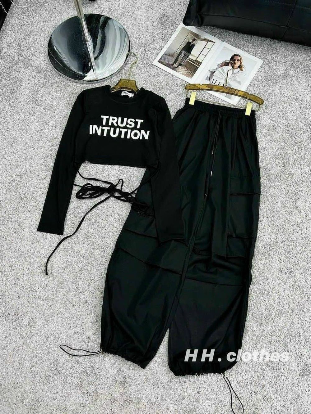 Set áo Croptop tay dài chất thun tăm + quần jogger tuyết mưa dày dặn freesize dưới 55kg