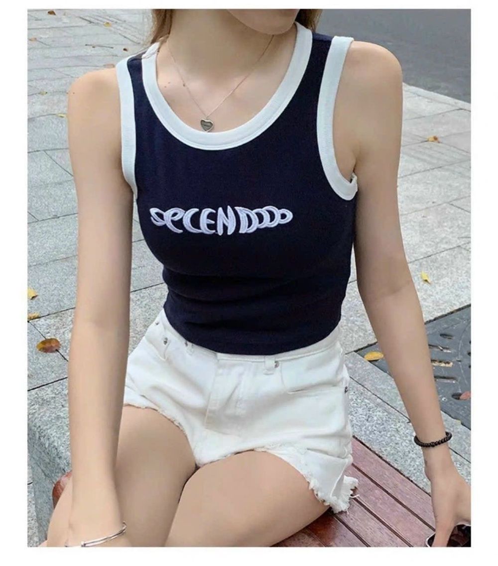 Áo ba lỗ Croptop chất thun gân dày co giãn, logo thêu