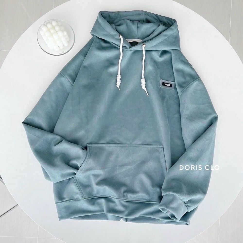Áo hoodie xanh in nổi nón rộng 2 lớp, form rộng 75kg, vải dày mịn, chống nắng tốt