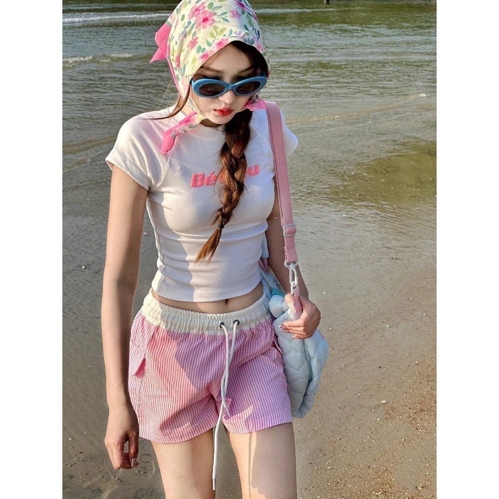 Quần lửng sọc đi biển chất kate mềm, co giãn