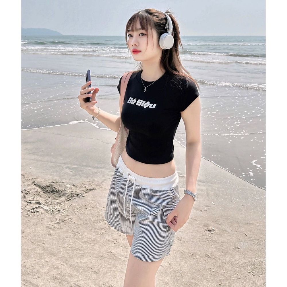 Quần lửng sọc đi biển chất kate mềm, co giãn