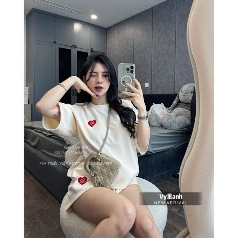 Bộ tay lỡ quần short thêu tim Chất thun conton, thấm hút mồ hôi tốt freesize dưới 70kg