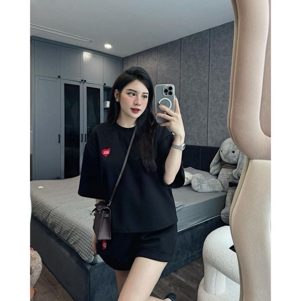 Bộ tay lỡ quần short thêu tim Chất thun conton, thấm hút mồ hôi tốt freesize dưới 70kg