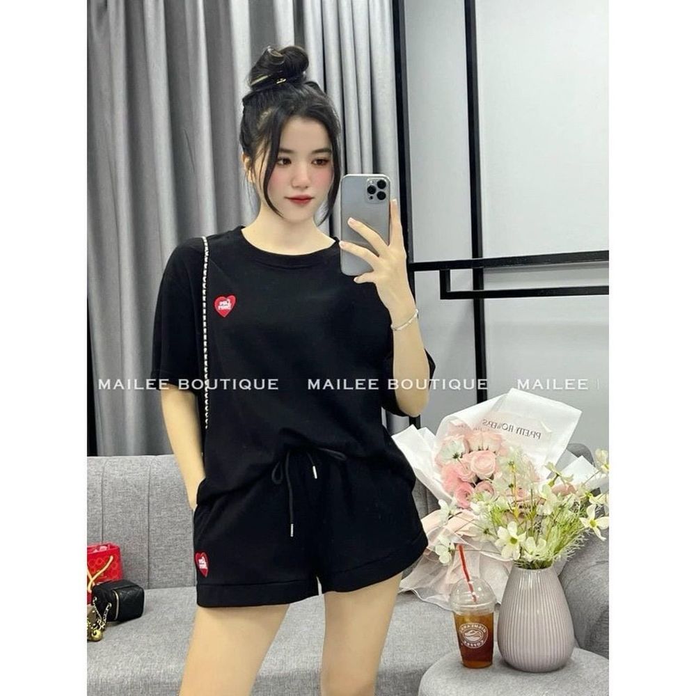 Bộ tay lỡ quần short thêu tim Chất thun conton, thấm hút mồ hôi tốt freesize dưới 70kg