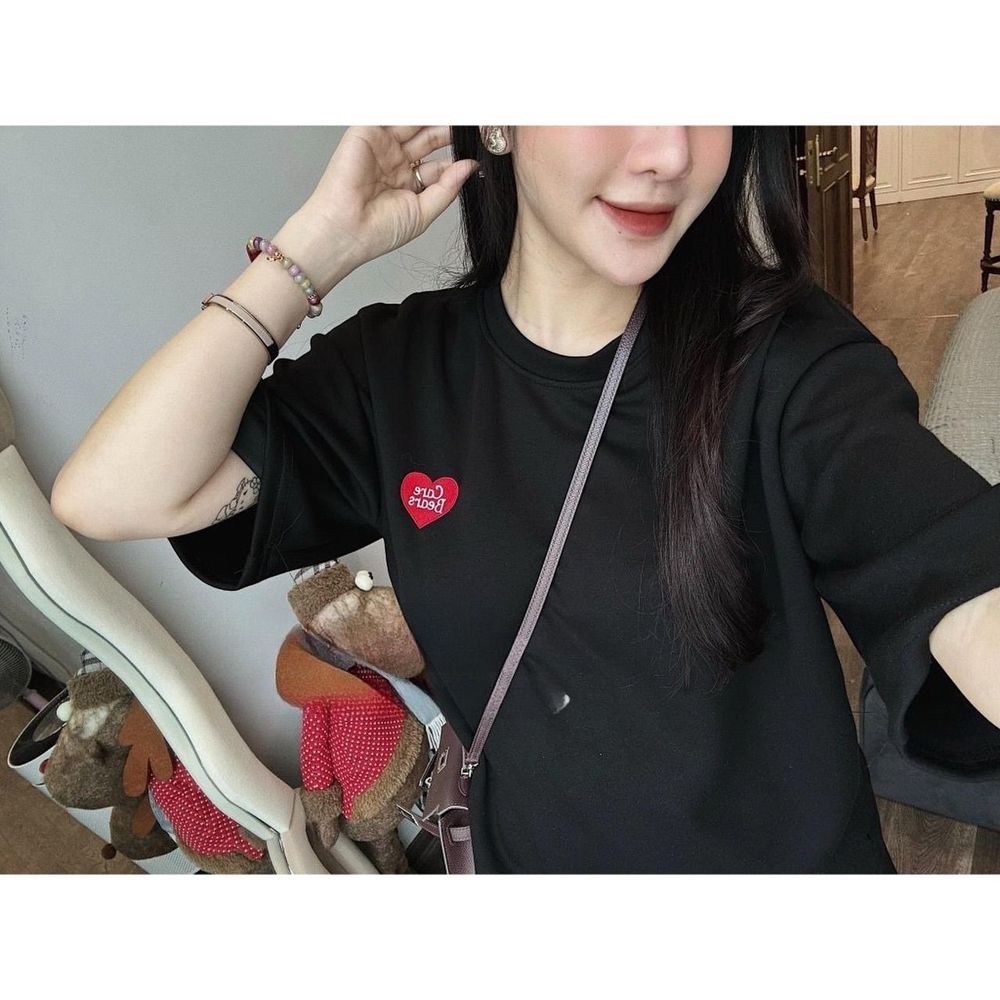 Bộ tay lỡ quần short thêu tim Chất thun conton, thấm hút mồ hôi tốt freesize dưới 70kg